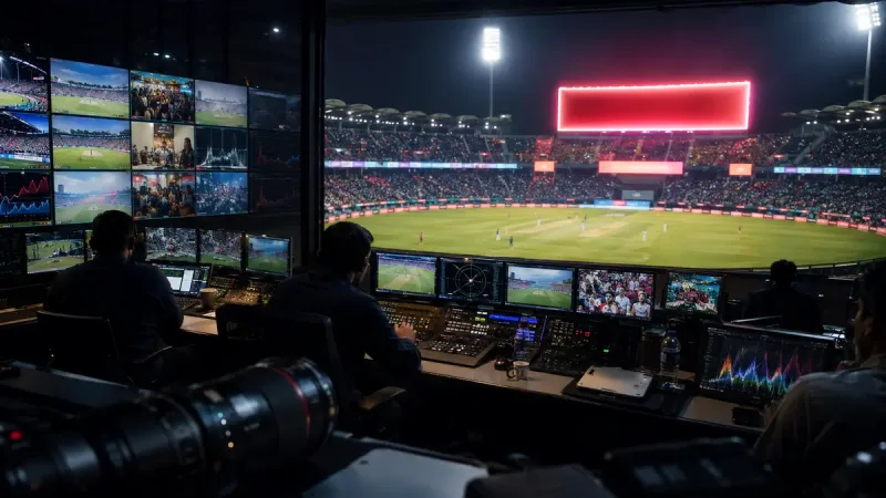 Broadcast control room overlooking a floodlit cricket stadium during a live match
