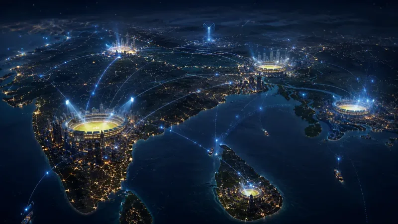 Night map view connecting floodlit cricket stadiums across South Asia with glowing broadcast signal lines