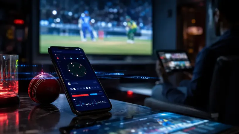 Smartphone showing a live betting app interface on a table with a cricket ball, TV broadcast in the background
