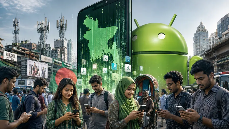 An Android robot towering over a busy Bangladeshi street, with a phone showing the Bangladesh map in green