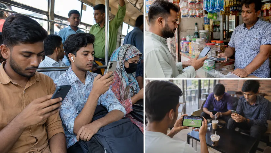 People in Bangladesh using their phones on a bus, paying by phone in a shop, and watching cricket on a phone at a cafe