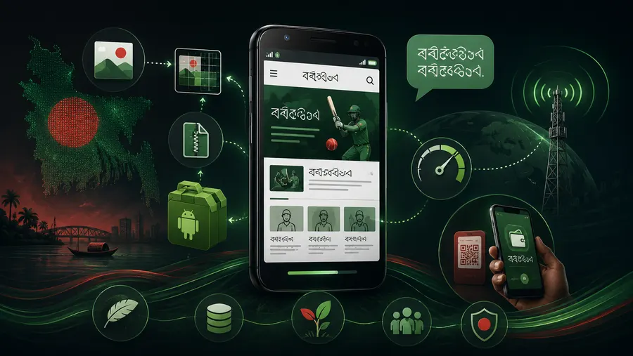 A phone showing a Bengali-language cricket app interface next to icons for lightweight design, network speed and mobile payments