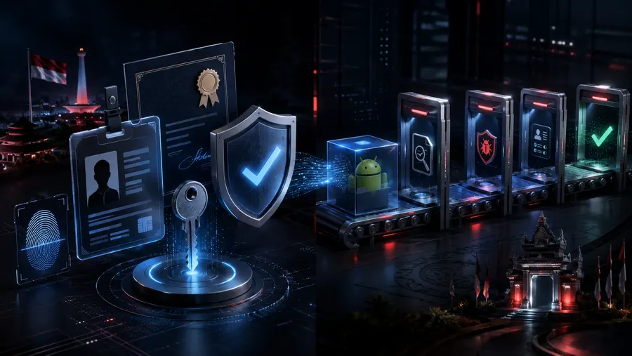 Identity verification icons - an ID badge, a key and checkpoint gates - next to an Android app icon