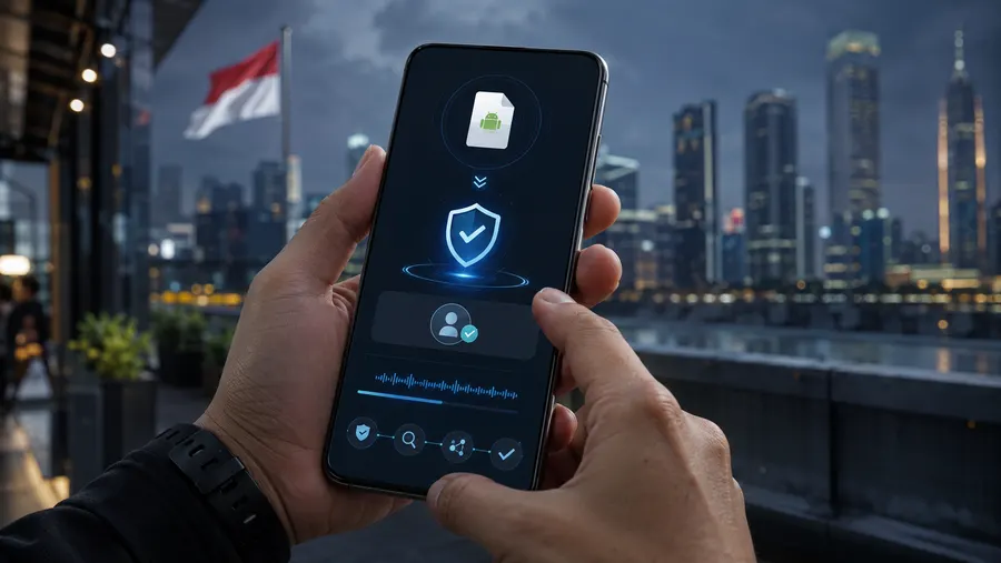A hand holding a phone mid-install, showing an APK passing a verified-developer check
