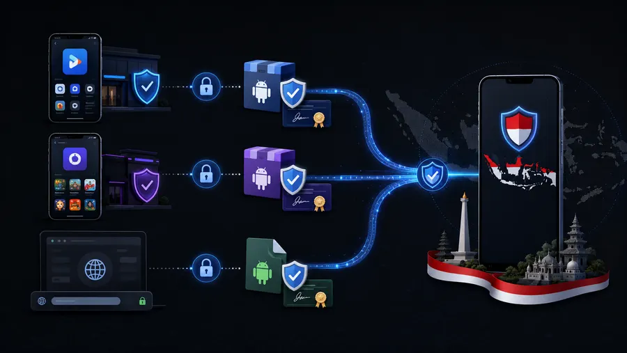 Diagram showing three different app stores each verifying a developer before the app reaches a device in Indonesia