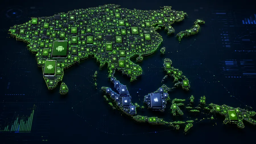 Map of Asia built from phone icons, mostly Android green with a cluster of Apple logos over Malaysia