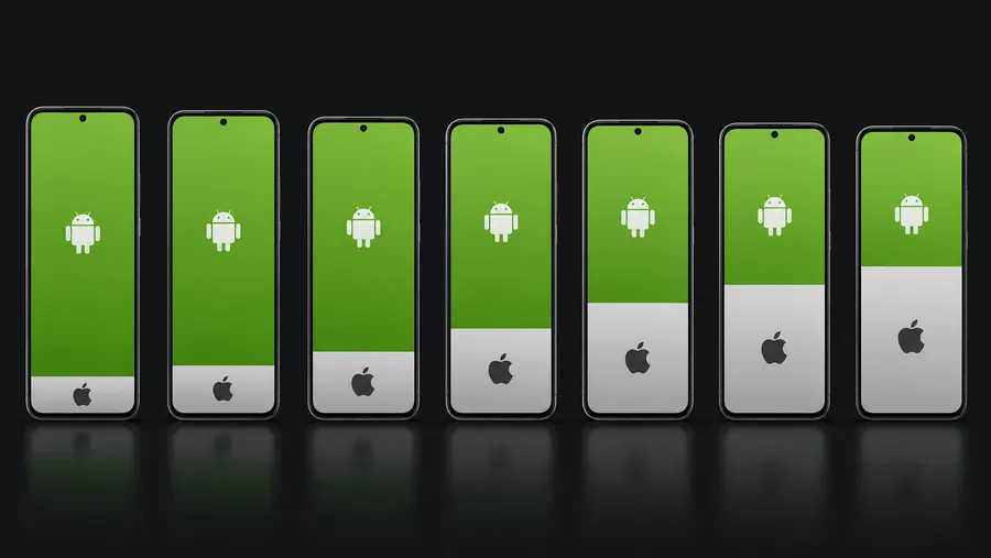 Row of seven phones with green-to-grey bars showing Android share declining and iOS share rising from left to right
