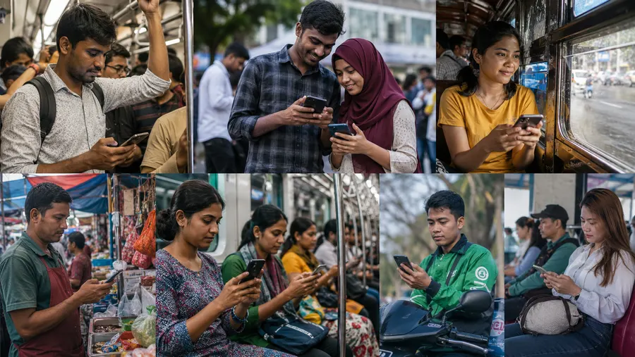 People across South and Southeast Asia using smartphones on public transport and in markets