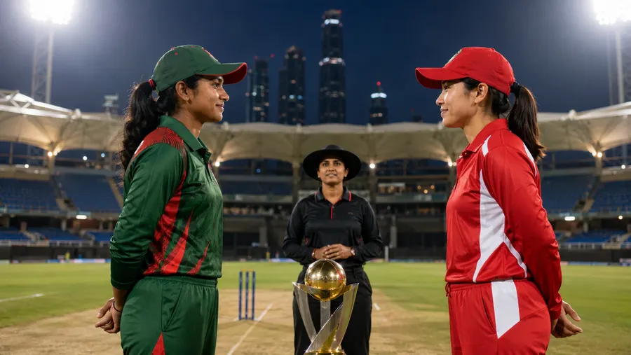 Bangladesh and Indonesia captains at the coin toss with the match trophy between them, Dubai skyline behind