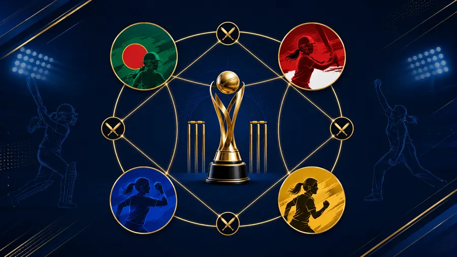 Wheel graphic showing Bangladesh, Sri Lanka, UAE and Indonesia around the Group B trophy