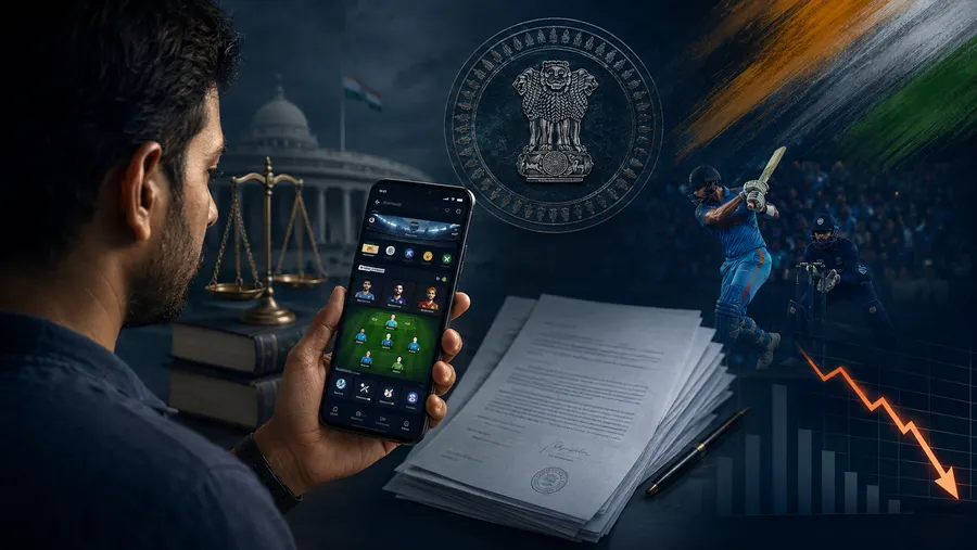 A fantasy sports app next to India's national emblem and a declining revenue chart