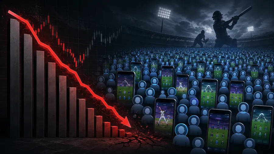 A steep declining revenue chart next to a crowd of users still holding phones with fantasy-sports apps open