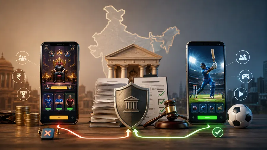 A real-money gaming app and a free-to-play cricket app on either side of a law-book and gavel graphic