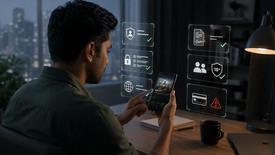 Someone checking an app against a checklist of account, security, terms and payment warnings