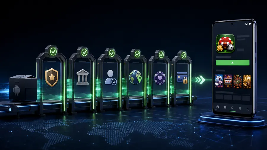 A row of security checkpoints, each verifying a different requirement, leading to an approved gambling app on a phone