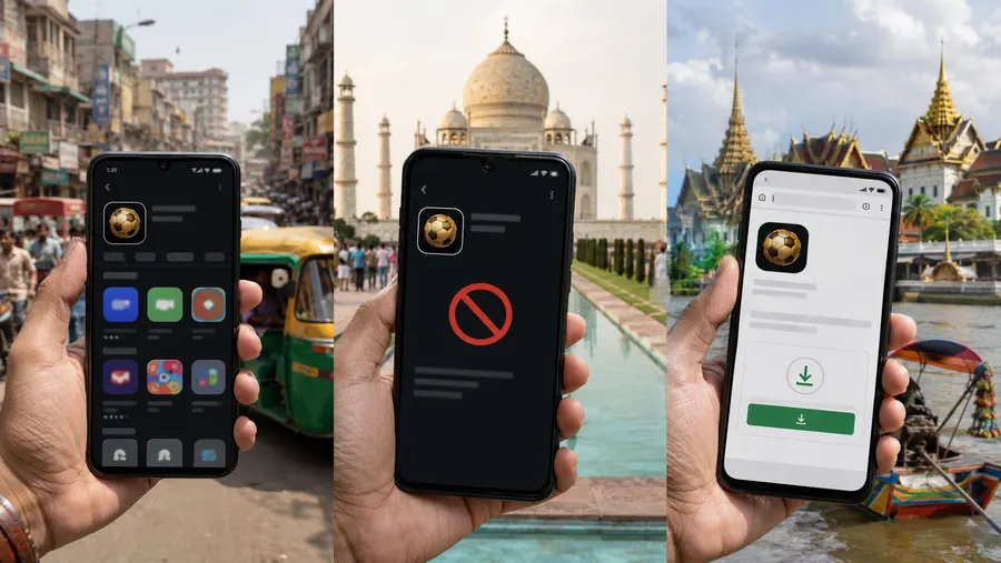 Three phones held up against city backdrops in Bangladesh, India and Thailand - one showing a blocked app, another a direct browser download