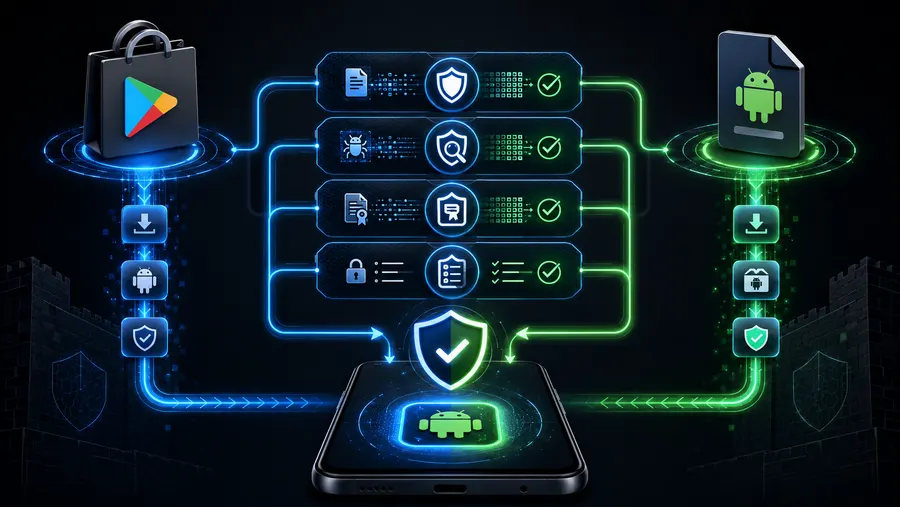 Diagram showing both the Google Play Store and a direct APK file running through the same security checks before reaching a phone