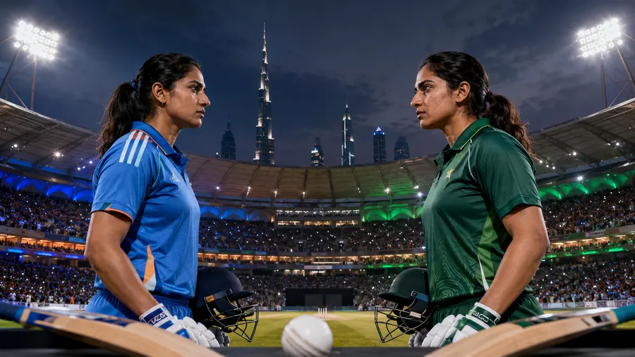 India and Pakistan players facing off before their match, with the Dubai skyline behind them