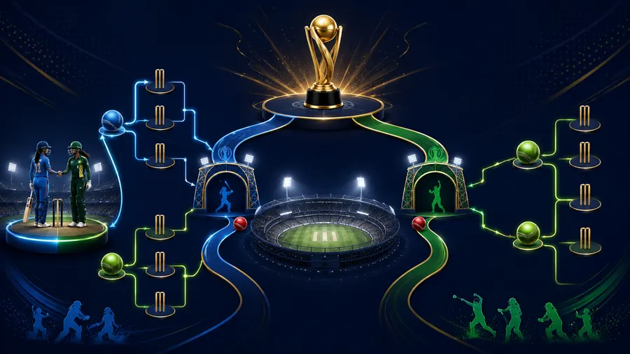 Bracket-style graphic showing both teams' paths to the final around the tournament trophy
