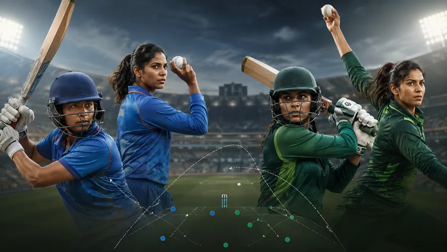 Two India players and two Pakistan players in batting and bowling poses with a shot-tracking overlay
