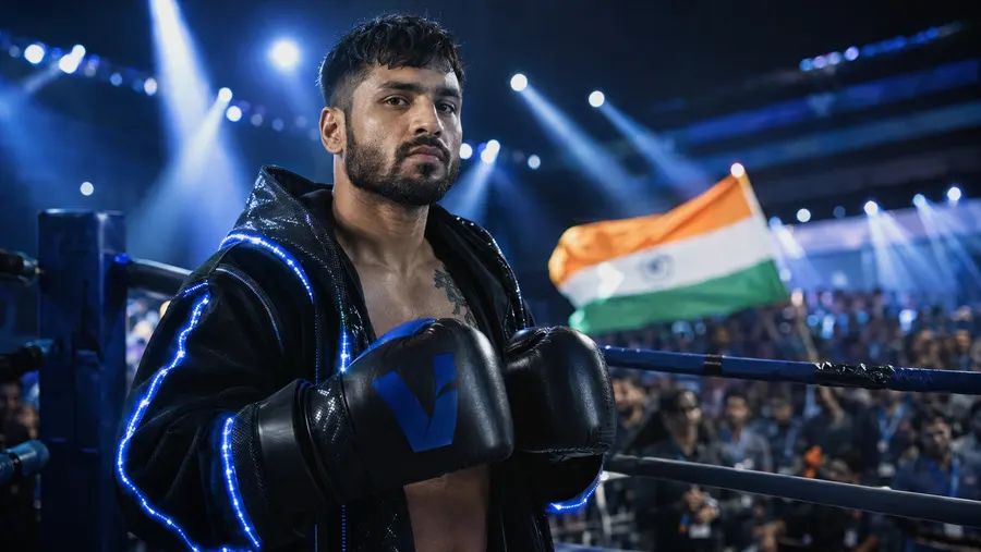 Neeraj Goyat in the ring wearing boxing gloves with the Indian flag waving behind him