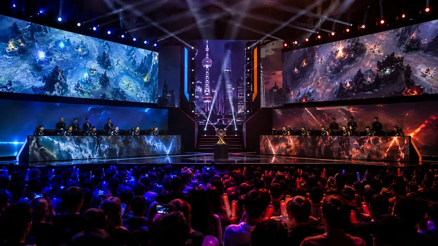 Wide shot of the TI 2026 grand final stage between Team Spirit and TEAM VISION in Shanghai