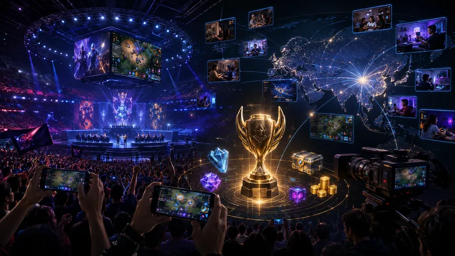 Graphic of fans watching the grand final from around the world alongside the Aegis trophy and prize pool icons