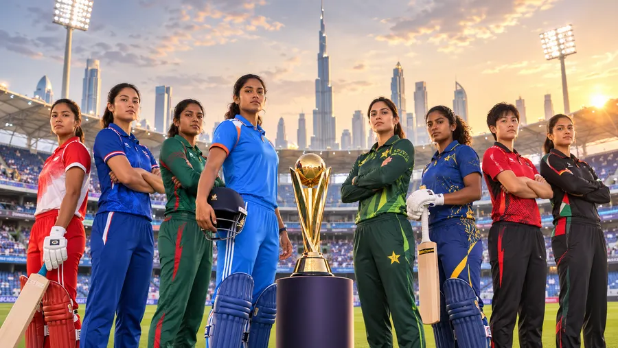 All eight Women's Asia Cup 2026 teams standing around the tournament trophy in Dubai