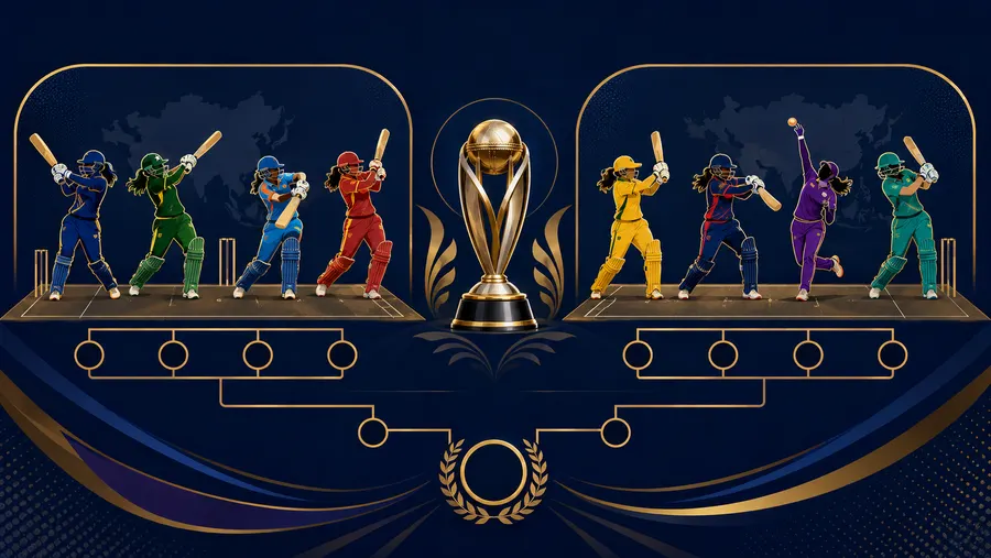Illustrated Group A and Group B batters and bowlers either side of the Asia Cup trophy