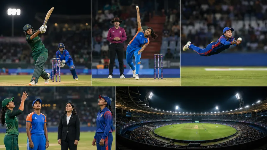 Collage of match action, a coin toss and a packed Dubai stadium from the Women's Asia Cup
