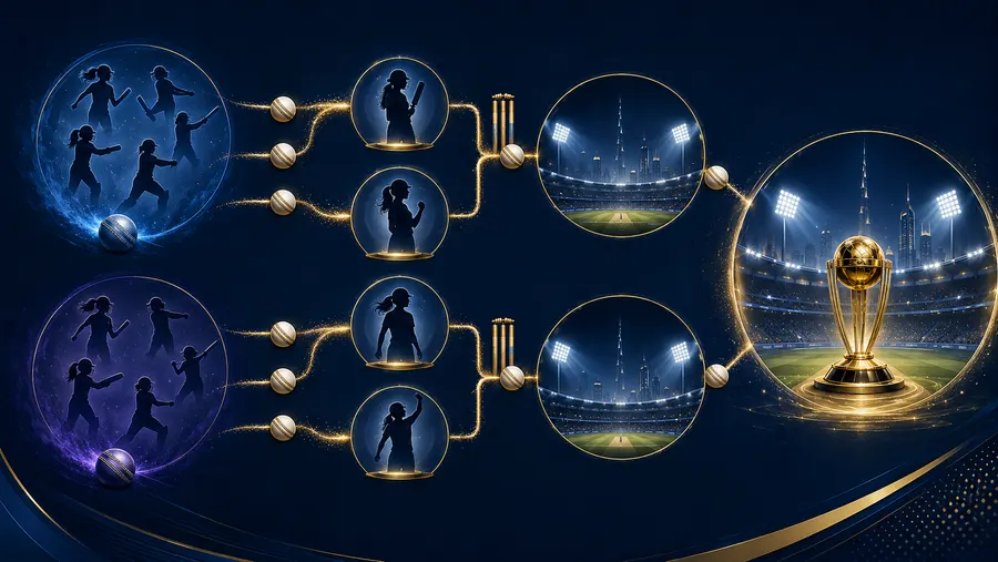 Diagram showing both groups feeding into semi-finals and then the final in Dubai