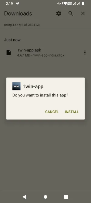 Android install prompt for the 1win app