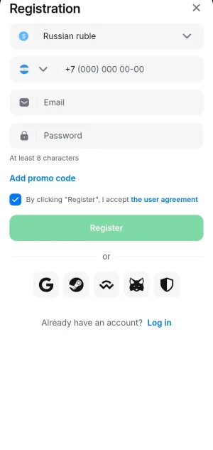 1win registration form with currency, phone, email, and password fields
