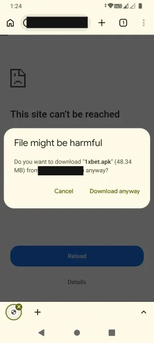 Browser warning before downloading the 1xBet APK file
