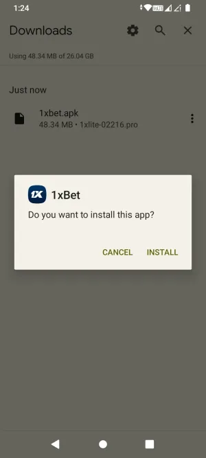 Android install prompt for the 1xBet app