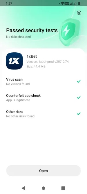 Google Play Protect scan showing the 1xBet APK passed with no risks detected