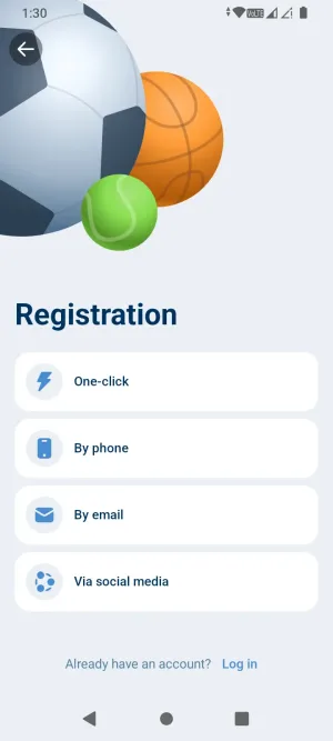1xBet registration method selector: one-click, phone, email, or social account