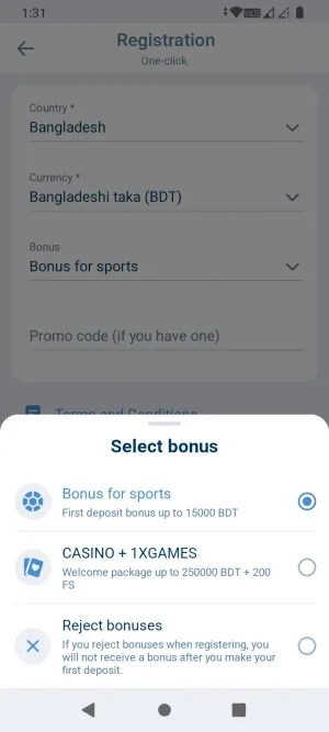 1xBet welcome bonus selection screen