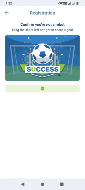 1xBet registration success confirmation