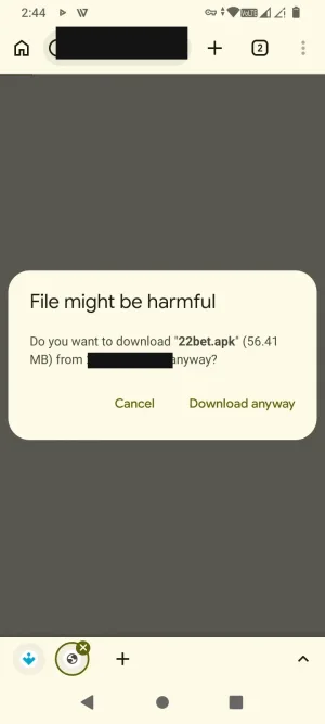 Browser warning before downloading the 22Bet APK file