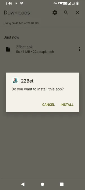 Android install prompt for the 22Bet app