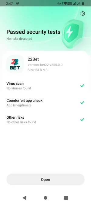 Google Play Protect scan showing the 22Bet APK passed with no risks detected