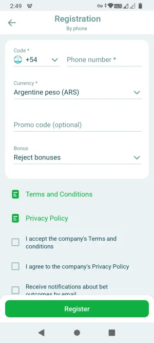 22Bet phone registration form with country code and currency