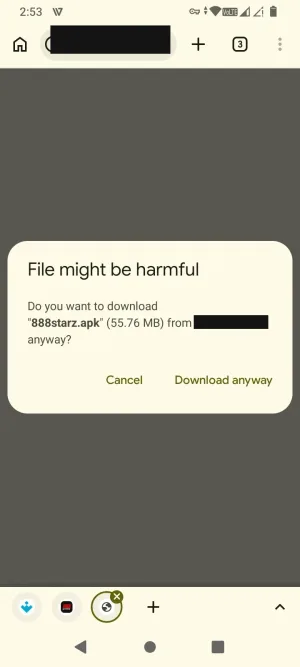 Browser warning before downloading the 888starz APK file