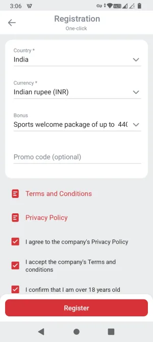 888starz one-click registration form with country, currency, and bonus
