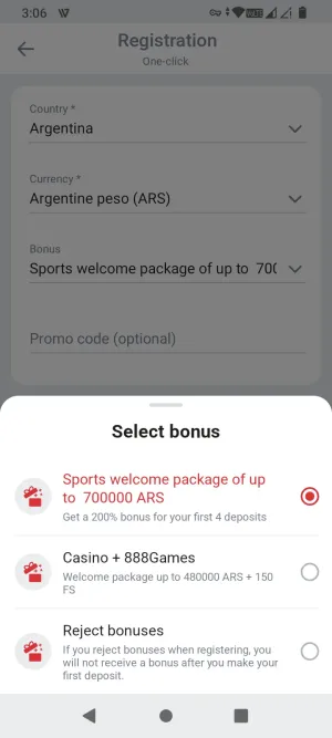 888starz welcome bonus selection screen