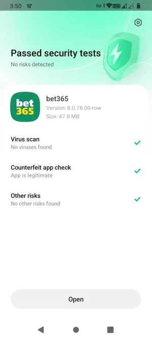Google Play Protect scan showing the bet365 APK passed with no risks detected