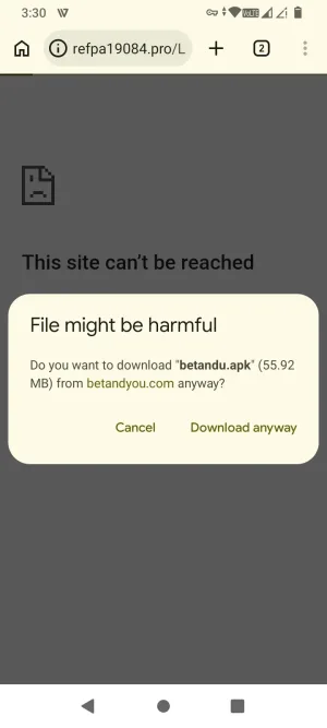 Browser warning before downloading the Bet&U APK file