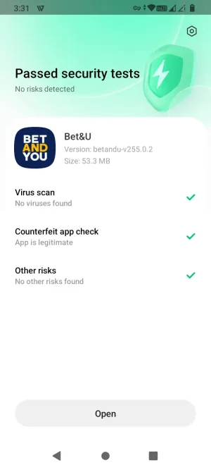 Google Play Protect scan showing the Bet&U APK passed with no risks detected