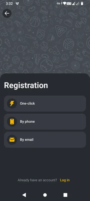 Bet&U registration method selector: one-click, by phone, or by email